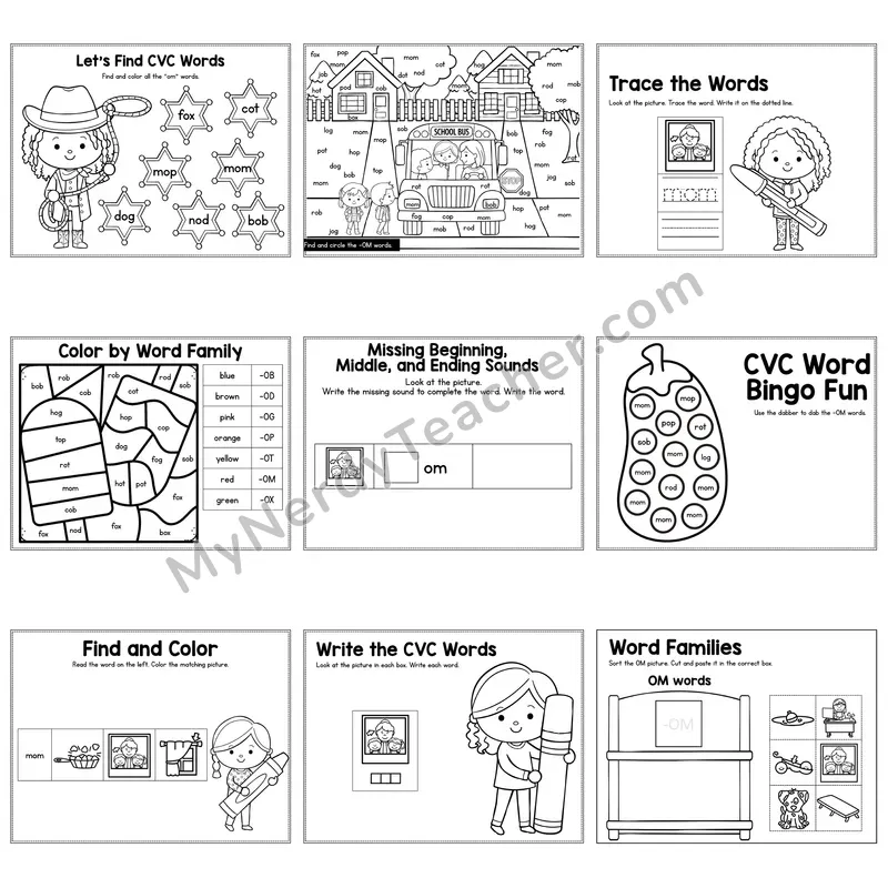 Short O OM Word Family Activity Pack — 9 Printable Worksheets