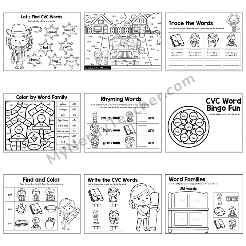 Short U UM Word Family Activity Pack — 9 Printable Worksheets