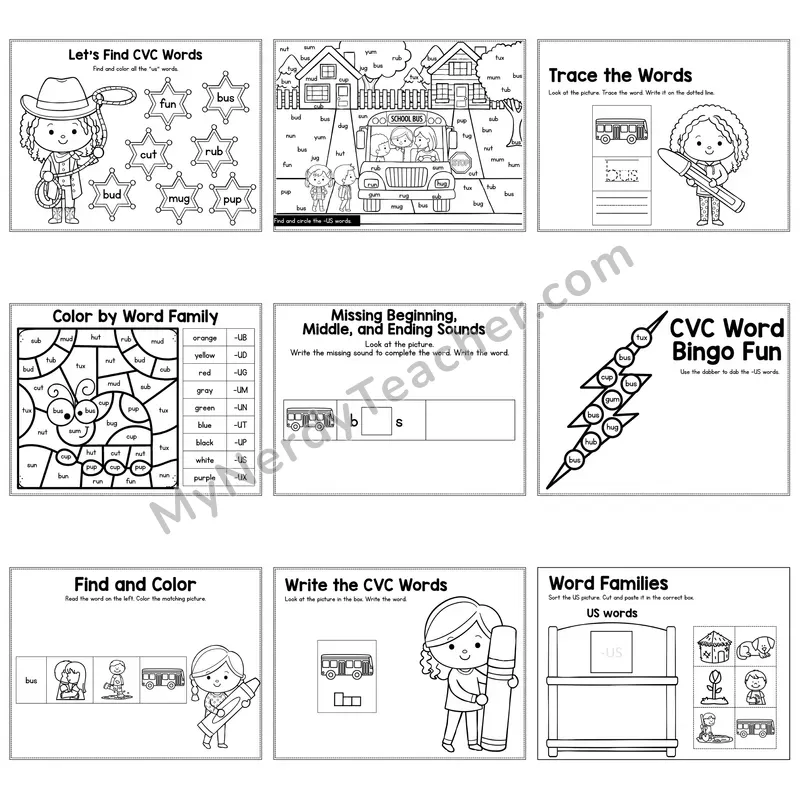 Short U US Word Family Activity Pack — 9 Printable Worksheets