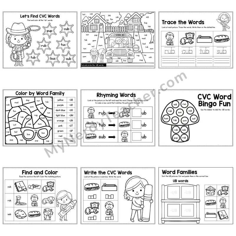 Short U UB Word Family Activity Pack — 9 Printable Worksheets