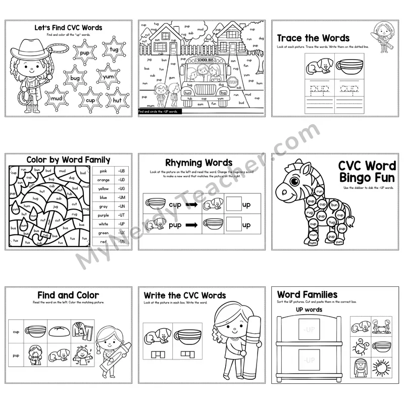 Short U UP Word Family Activity Pack — 9 Printable Worksheets