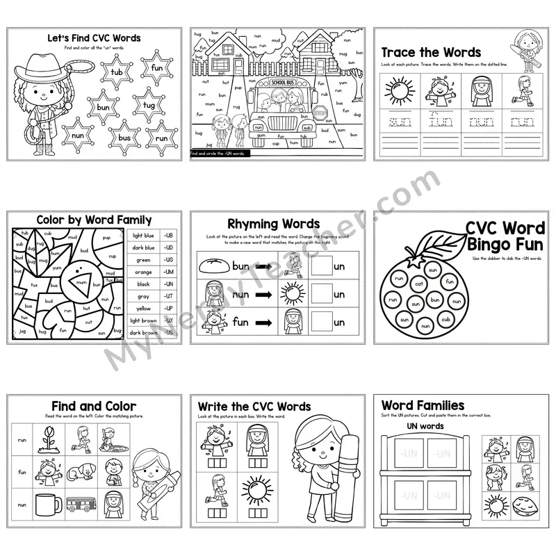 Short U UN Word Family Activity Pack — 9 Printable Worksheets