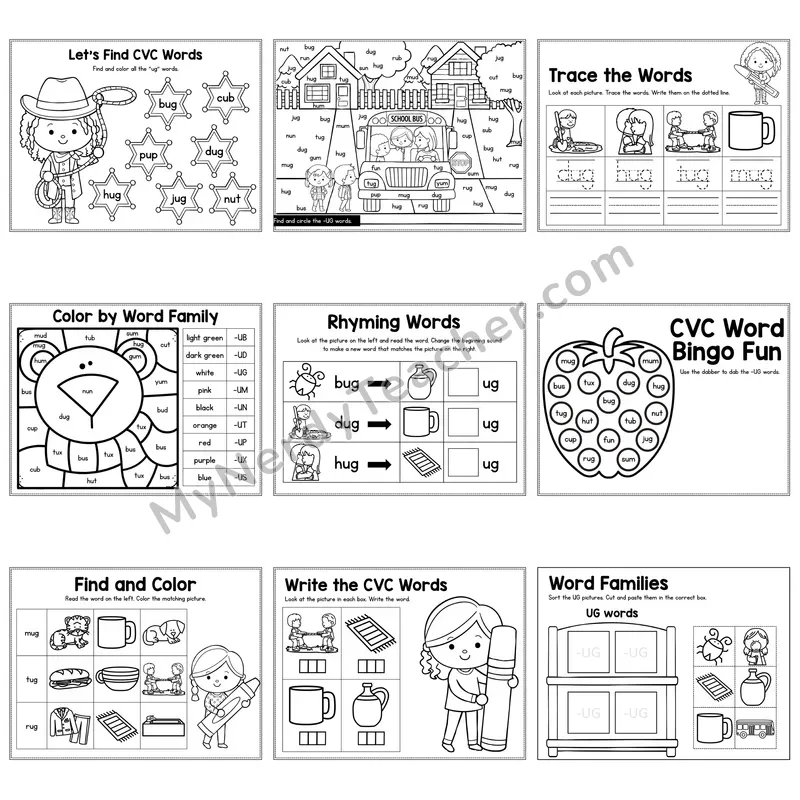 Short U UG Word Family Activity Pack — 9 Printable Worksheets