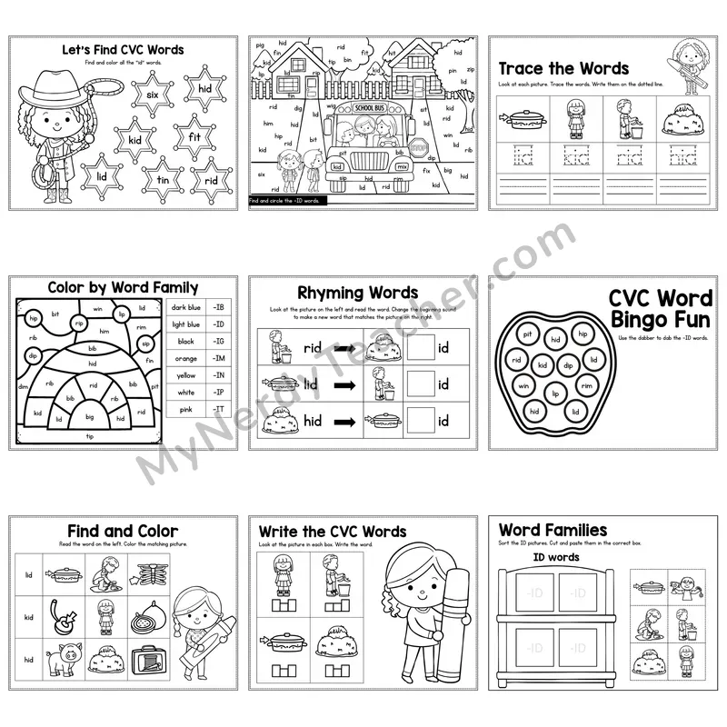 Short I ID Word Family Activity Pack — 9 Printable Worksheets