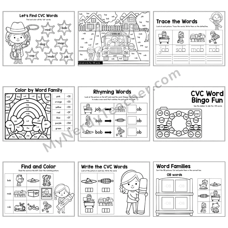 Short O OB Word Family Activity Pack — 9 Printable Worksheets