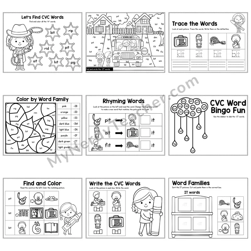 Short I IT Word Family Activity Pack — 9 Printable Worksheets