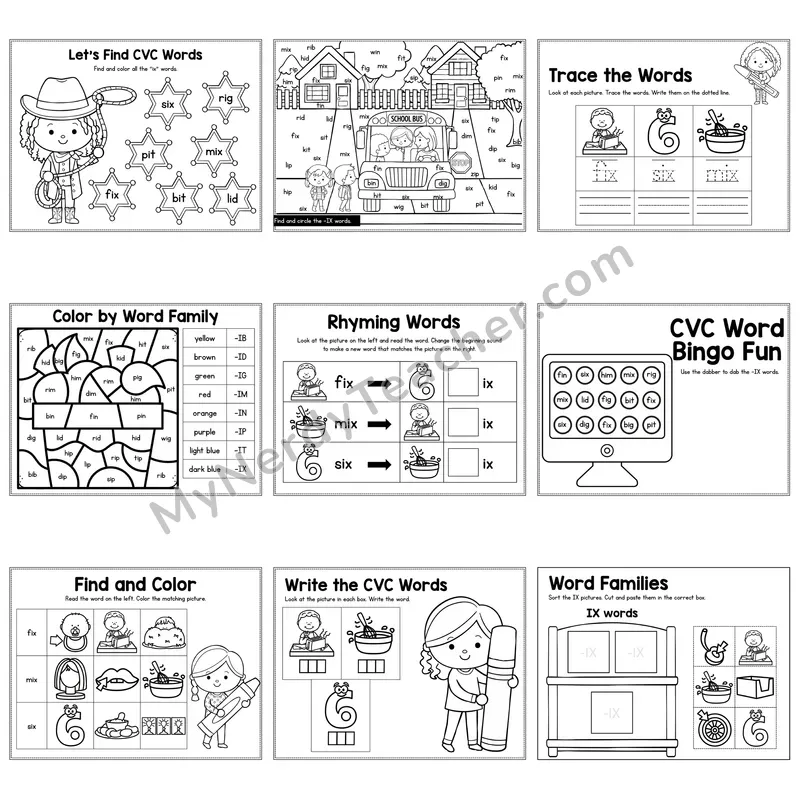 Short I IX Word Family Activity Pack — 9 Printable Worksheets