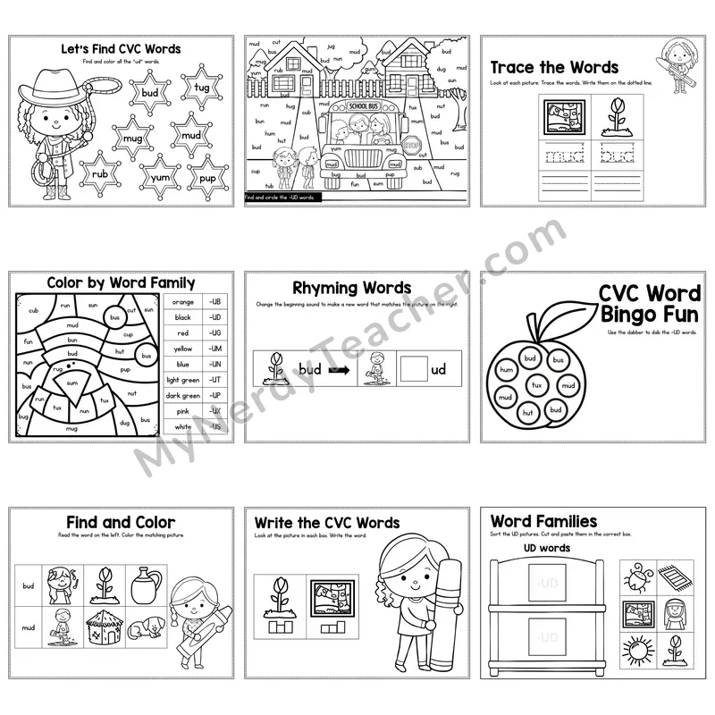Short U UD Word Family Activity Pack — 9 Printable Worksheets