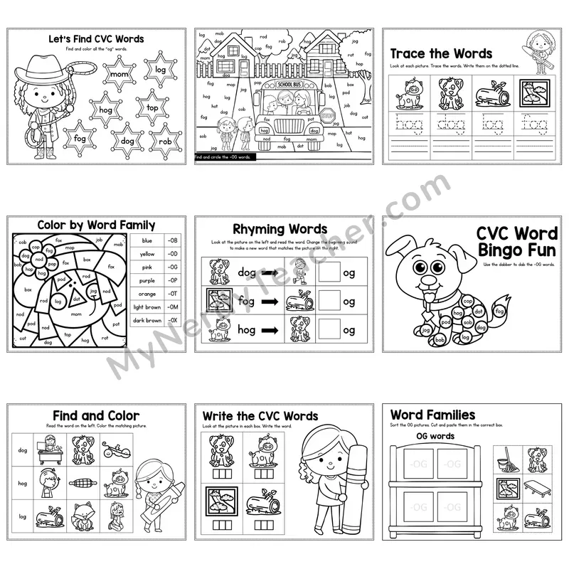 Short O OG Word Family Activity Pack — 9 Printable Worksheets