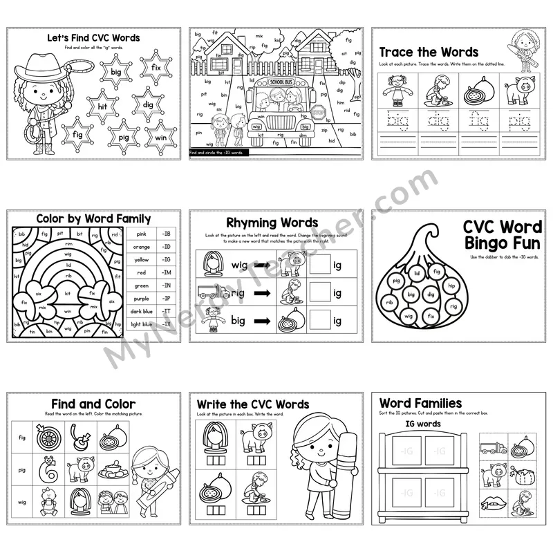 Short I IG Word Family Activity Pack — 9 Printable Worksheets