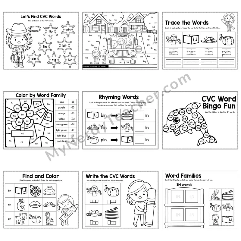 Short I IN Word Family Activity Pack — 9 Printable Worksheets