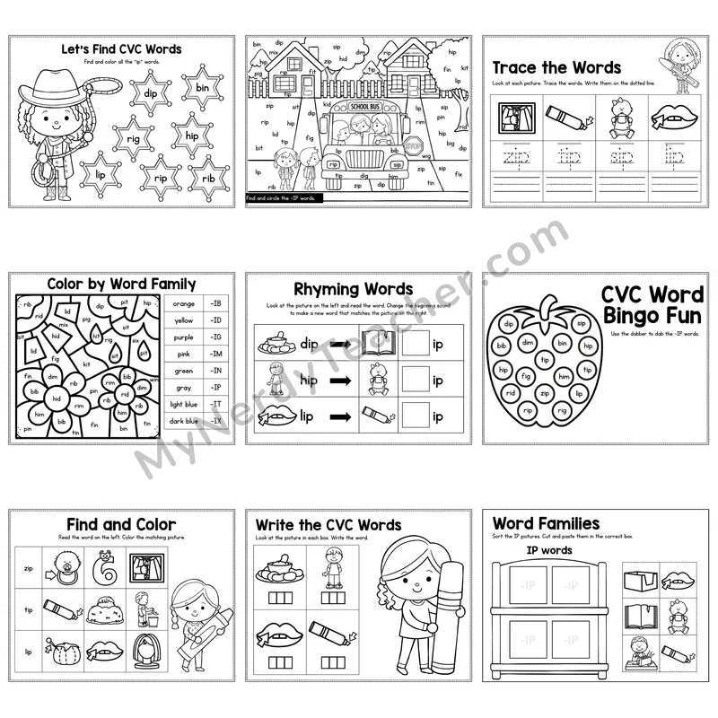 Short I IP Word Family Activity Pack — 9 Printable Worksheets