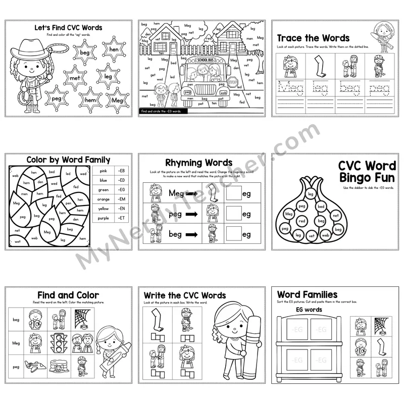 Short E EG Word Family Activity Pack — 9 Printable Worksheets