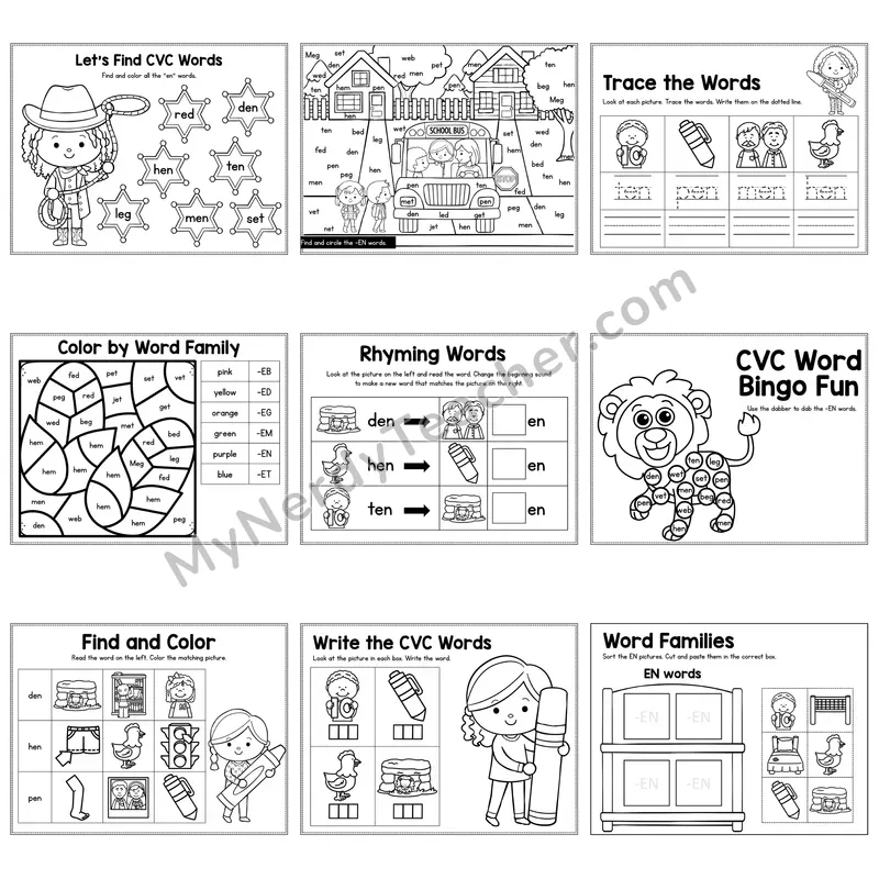 Short E EN Word Family Activity Pack — 9 Printable Worksheets