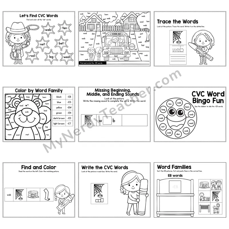 Short E EB Word Family Activity Pack — 9 Printable Worksheets