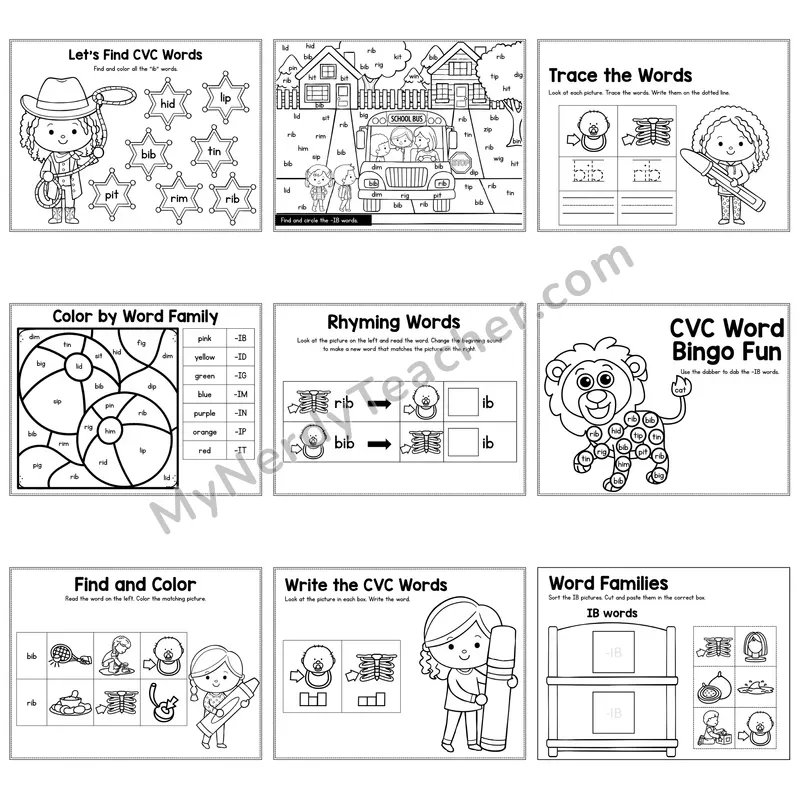 Short I IB Word Family Activity Pack — 9 Printable Worksheets