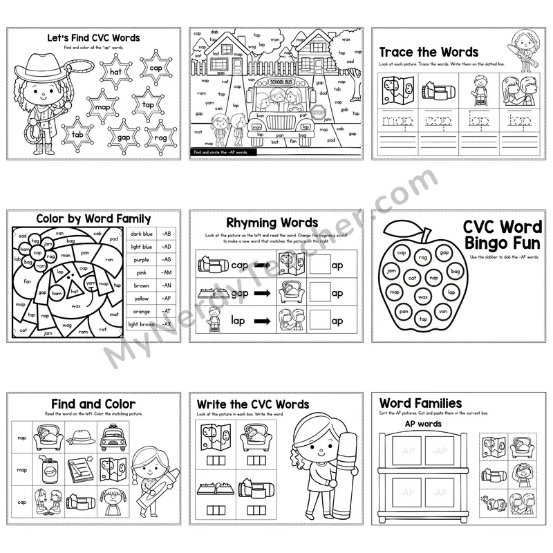 Short A AP Word Family Activity Pack — 9 Printable Worksheets
