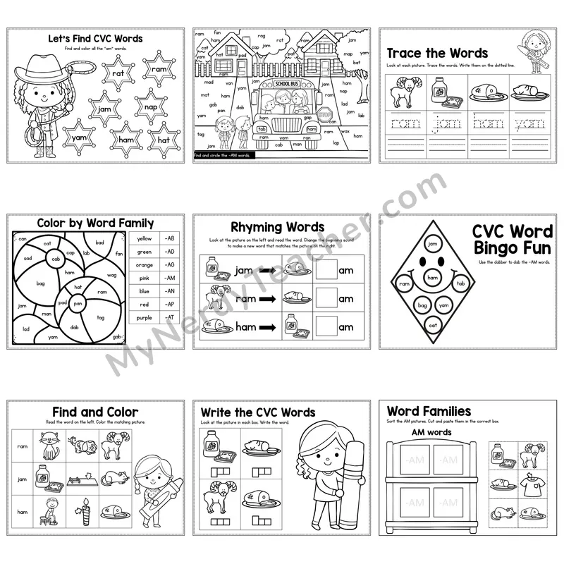 Short A AM Word Family Activity Pack — 9 Printable Worksheets