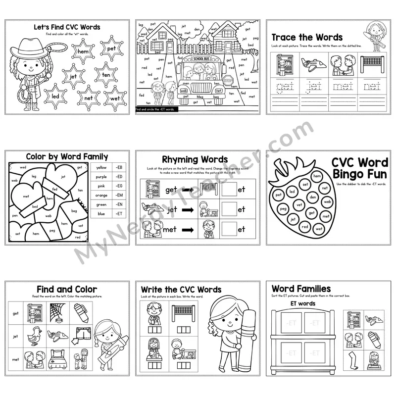 Short E ET Word Family Activity Pack — 9 Printable Worksheets