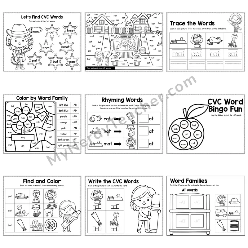 Short A AT Word Family Activity Pack — 9 Printable Worksheets