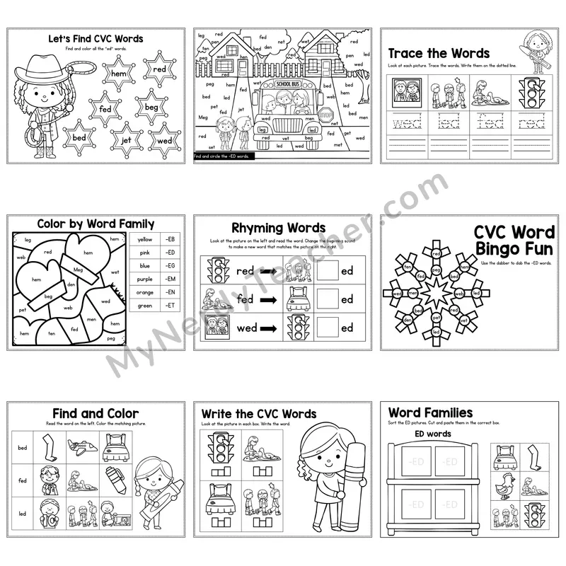 Short E ED Word Family Activity Pack — 9 Printable Worksheets