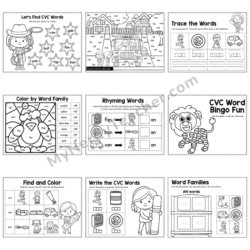 Short A AN Word Family Activity Pack — 9 Printable Worksheets