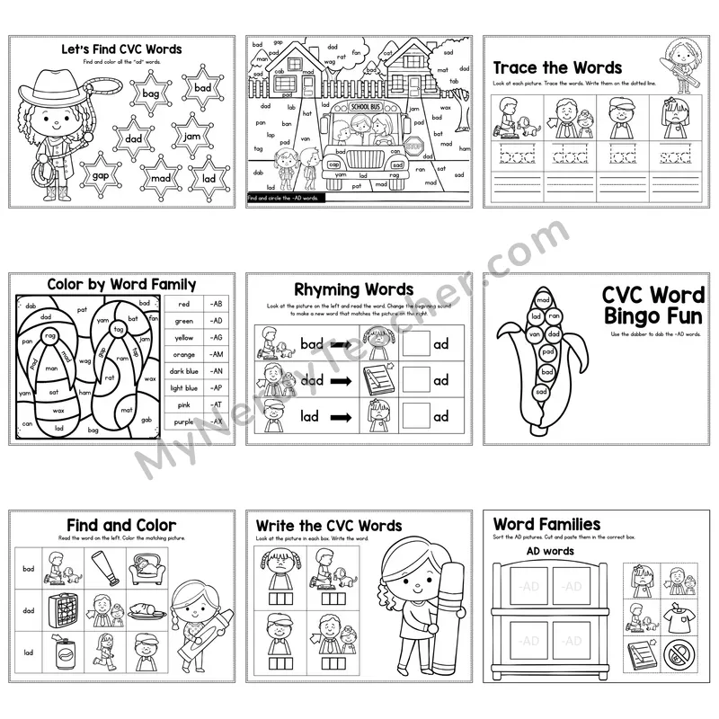 Short A AD Word Family Activity Pack — 9 Printable Worksheets