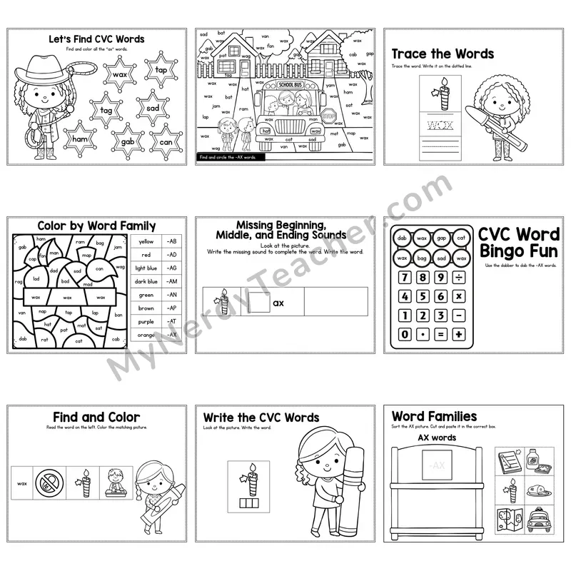 Short A AX Word Family Activity Pack — 9 Printable Worksheets