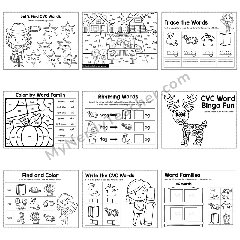 Short A AG Word Family Activity Pack — 9 Printable Worksheets