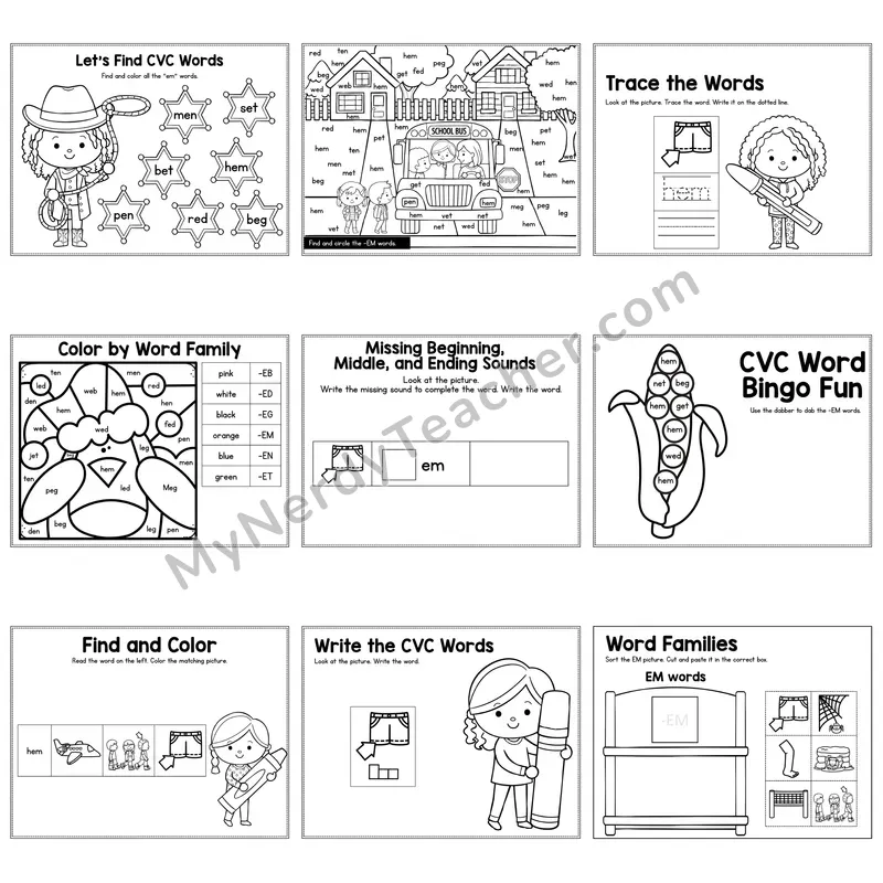 Short E EM Word Family Activity Pack — 9 Printable Worksheets