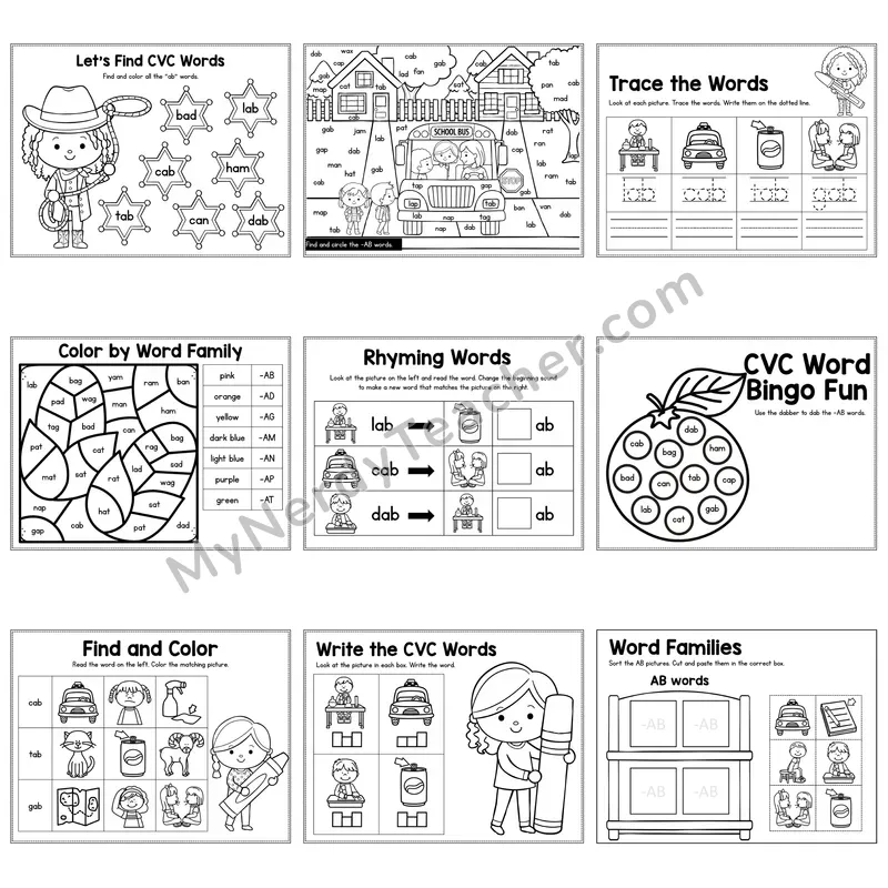 Short A AB Word Family Activity Pack — 9 Printable Worksheets