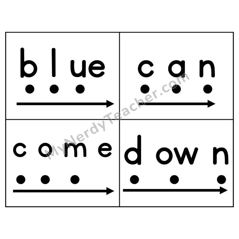 Sight Word Flash Cards — Letter-by-Letter with Sound Dots & Blending Arrows