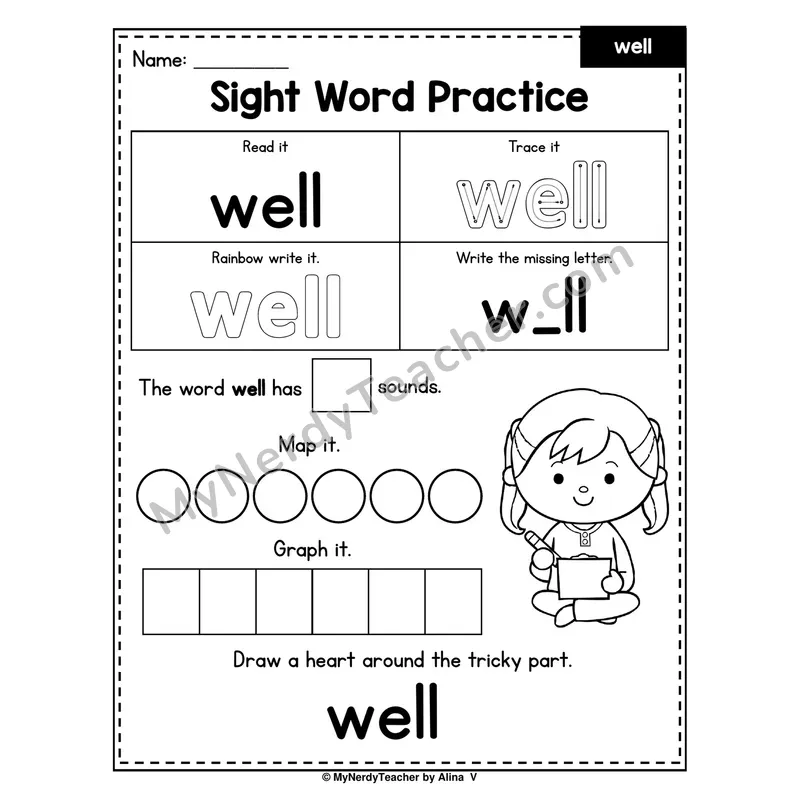 Sight Word Practice — well (Trace, Rainbow Write, Map, Graph)