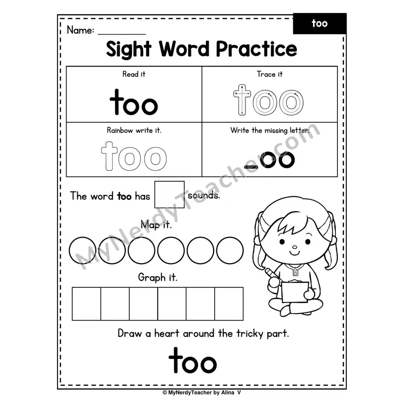 Sight Word Practice — too (Trace, Rainbow Write, Map, Graph)