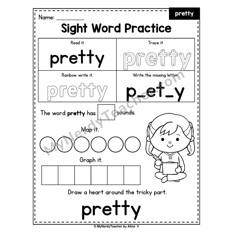 Sight Word Practice — pretty (Trace, Rainbow Write, Map, Graph)