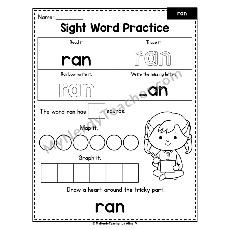 Sight Word Practice — ran (Trace, Rainbow Write, Map, Graph)