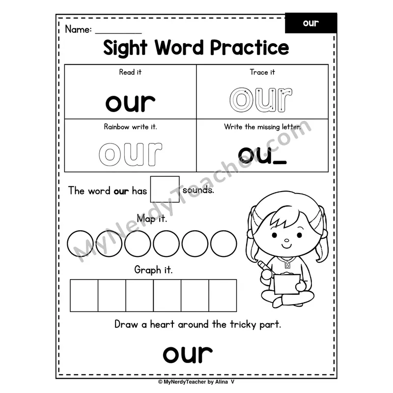 Sight Word Practice — our (Trace, Rainbow Write, Map, Graph)