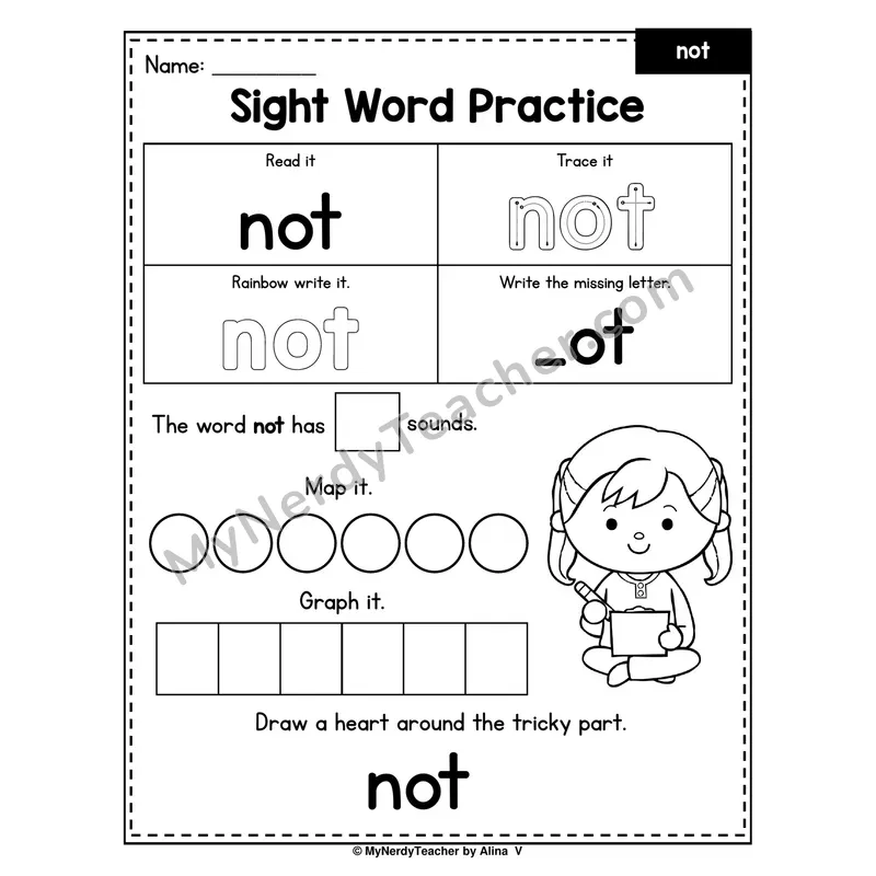 Sight Word Practice — not (Trace, Rainbow Write, Map, Graph)
