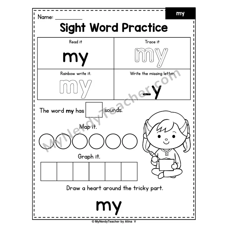 Sight Word Practice — my (Trace, Rainbow Write, Map, Graph)