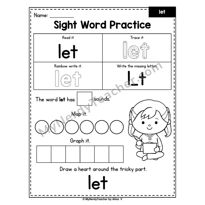 Sight Word Practice — let (Trace, Rainbow Write, Map, Graph)