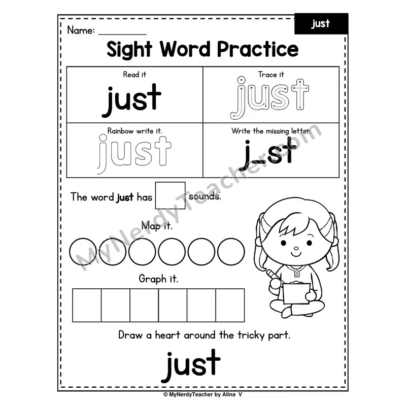 Sight Word Practice — just (Trace, Rainbow Write, Map, Graph)