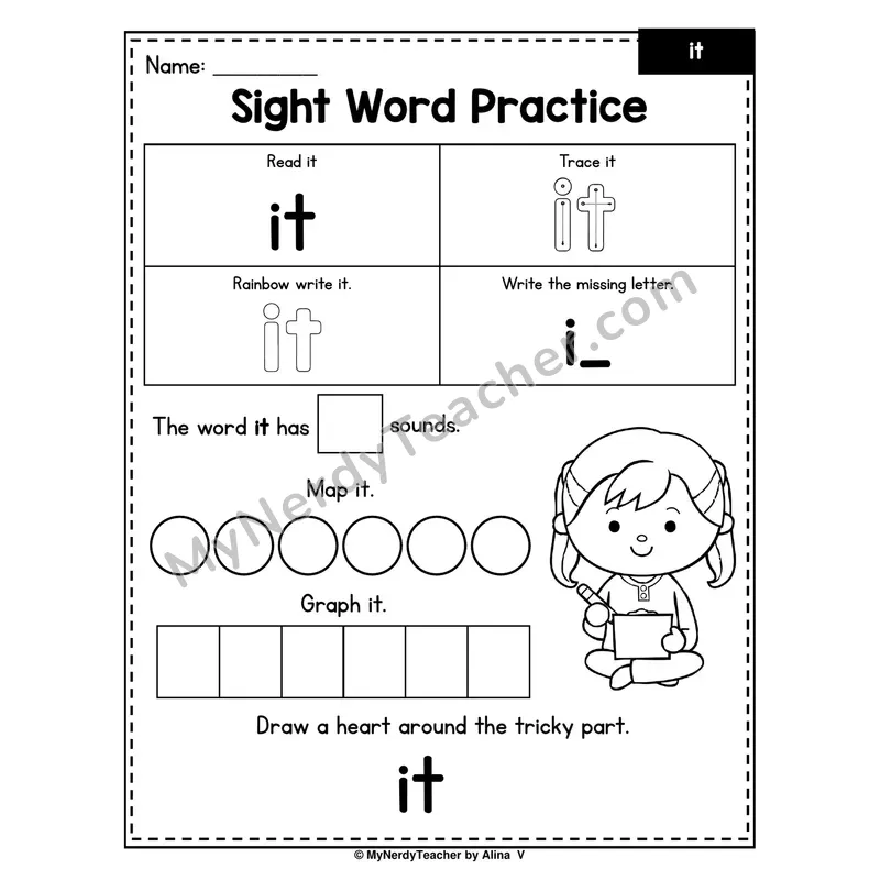 Sight Word Practice — it (Trace, Rainbow Write, Map, Graph)