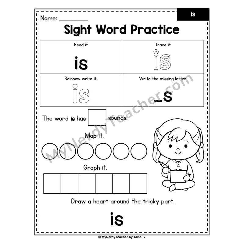 Sight Word Practice — is (Trace, Rainbow Write, Map, Graph)