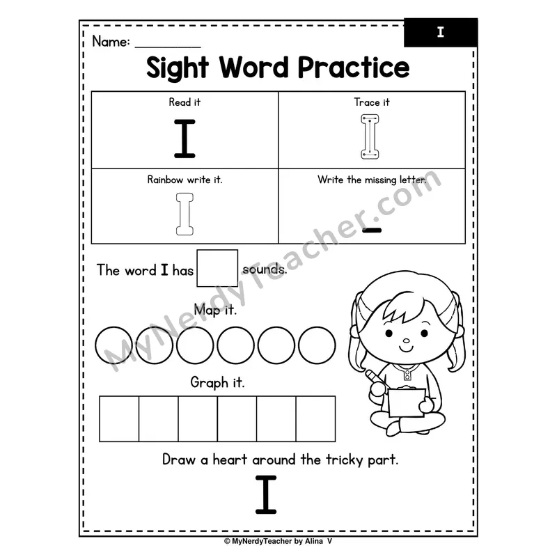 Sight Word Practice — I (Trace, Rainbow Write, Map, Graph)