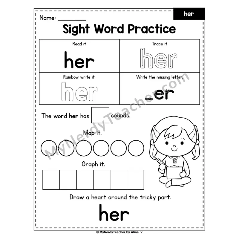 Sight Word Practice — her (Trace, Rainbow Write, Map, Graph)