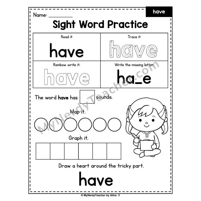 Sight Word Practice — have (Trace, Rainbow Write, Map, Graph)