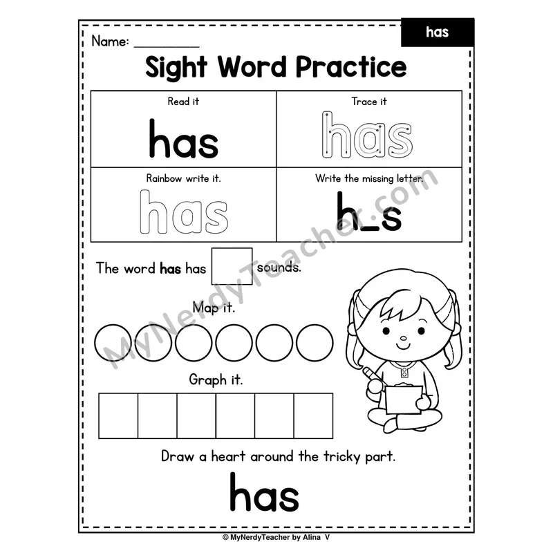 Sight Word Practice — has (Trace, Rainbow Write, Map, Graph)
