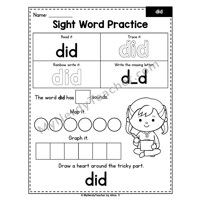 Sight Word Practice — did (Trace, Rainbow Write, Map, Graph)