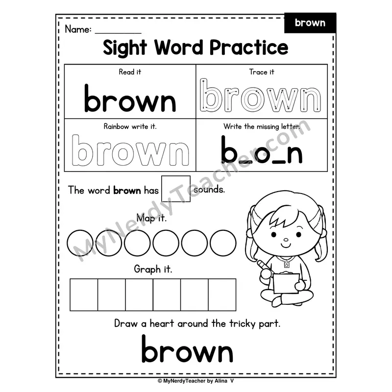 Sight Word Practice — brown (Trace, Rainbow Write, Map, Graph)