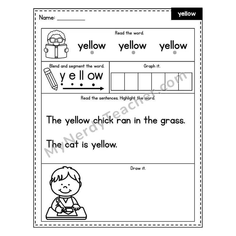 Sight Word Worksheet — yellow (Blend, Segment, Highlight Sentences)